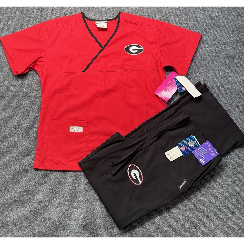Georgia Bulldogs Womens Scrub Set Small Red Black Landau Flare Leg NWT